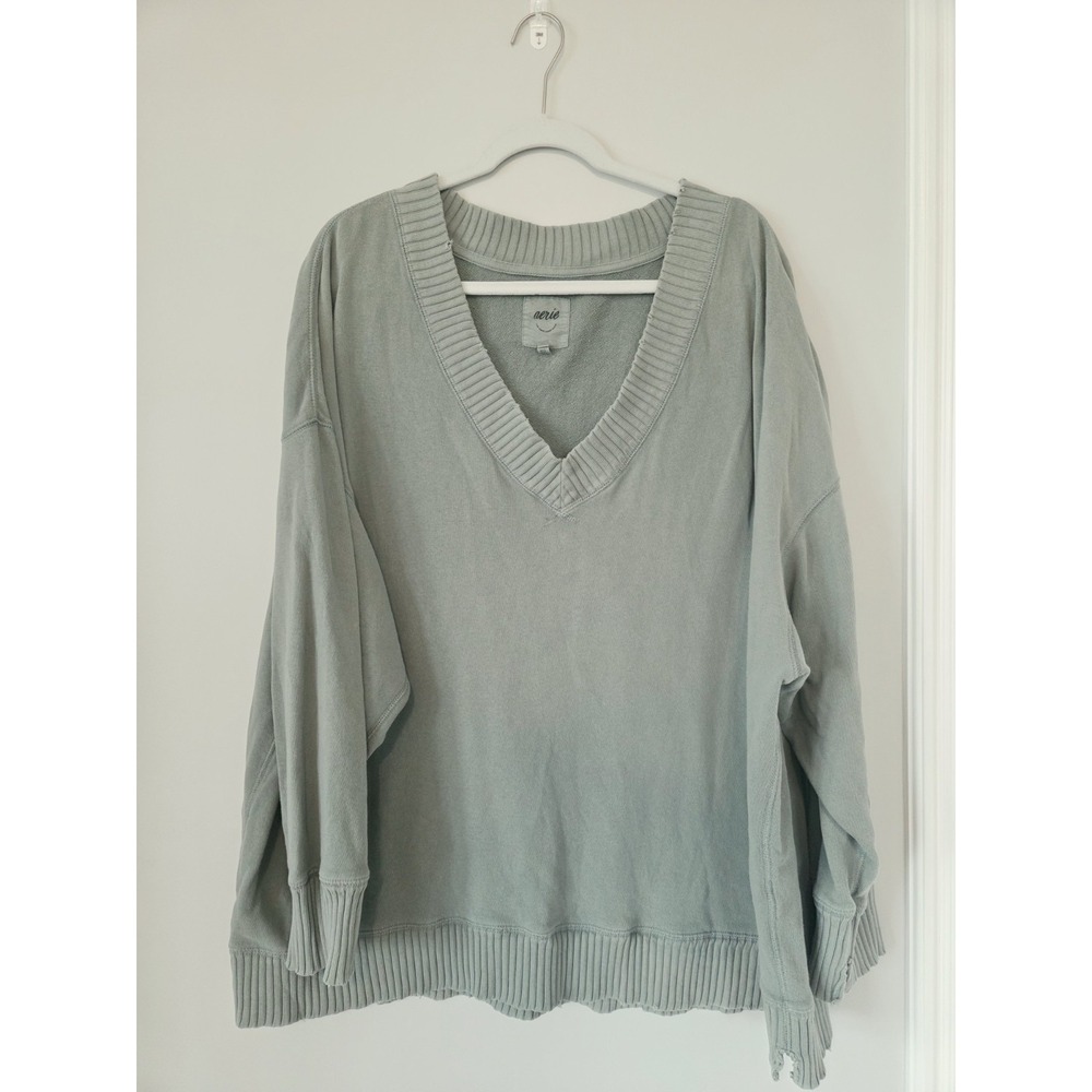 Aerie Oversized Distressed Sweatshirt Sage Green V-Neck Cozy Boxy Womens Size XL